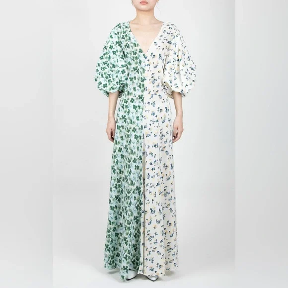 Lee Mathews Eloise Contrast Two-Tone Floral Maxi w/ Puff Sleeves - Picture 8 of 10